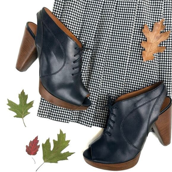 Anthropologie Black Leather Lace-Up Peep Toe Platform Booties | Italian Made EUC - Picture 1 of 15